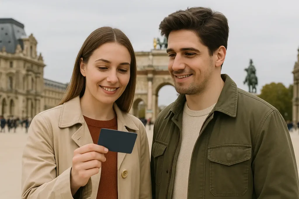 Jeune couple observant une carte culturelle devant le Louvre, représentant l’accès aux musées avec les cartes culturelles.