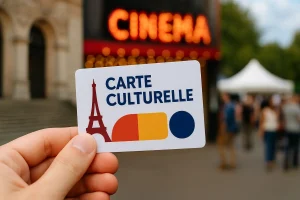 Main tenant une carte culturelle devant un cinéma en France, illustrant les avantages des cartes culturelles.