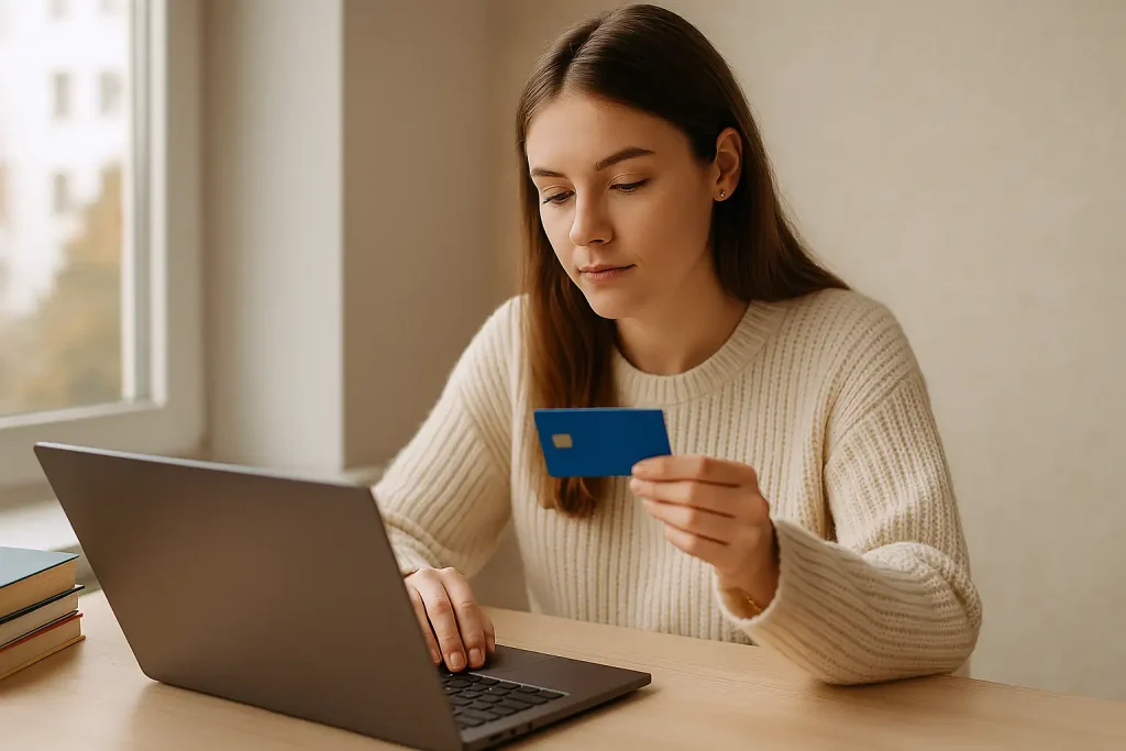 tudiante en France utilisant son ordinateur portable et tenant des cartes de crédit sur une table avec des livres et un smartphone.