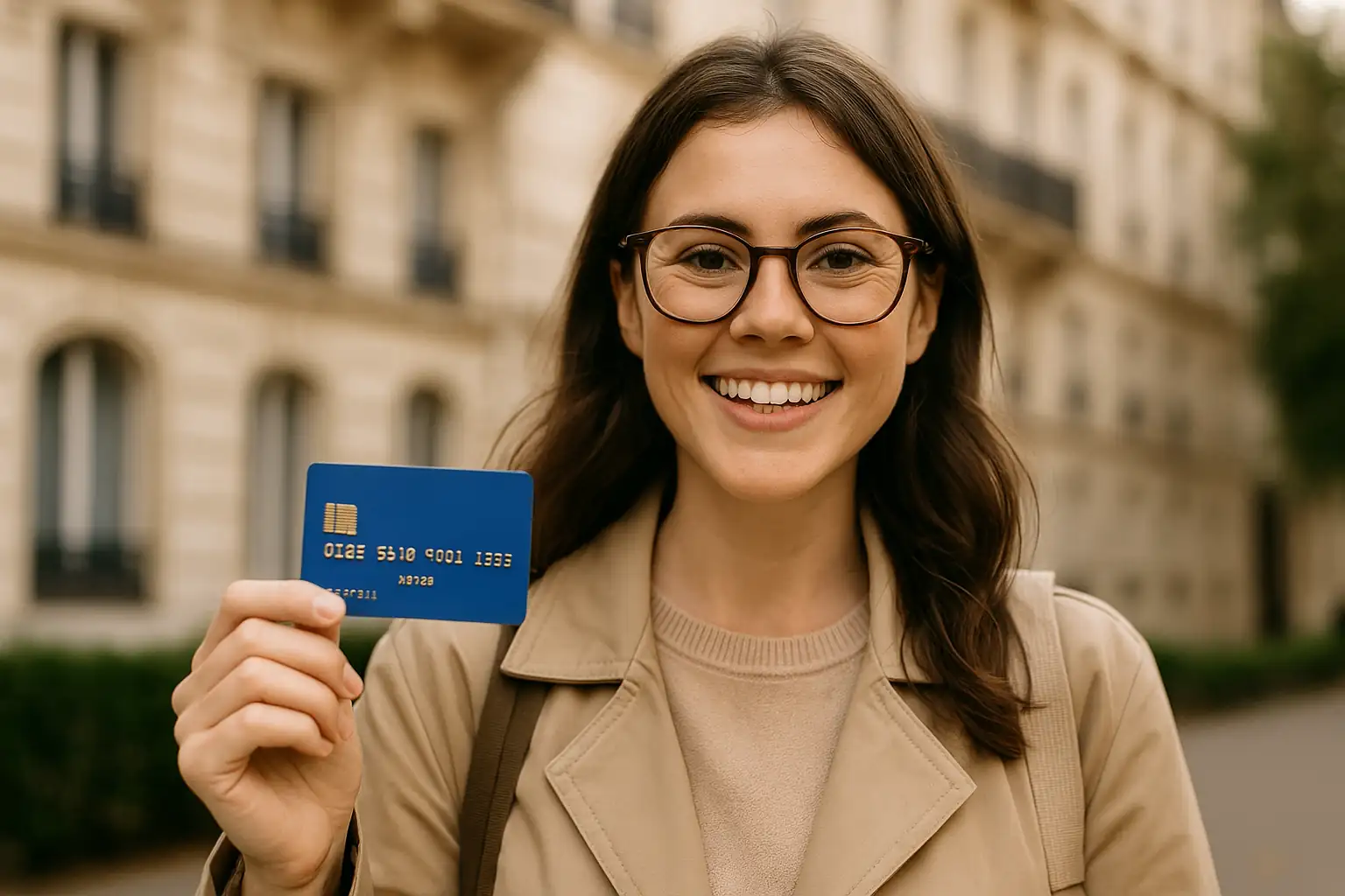 Jeune étudiante française souriante tenant des cartes de crédit devant un bâtiment parisien, symbole de responsabilité financière.