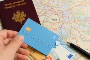 Voyageur utilisant une carte française à l’international avec un passeport et des euros, symbolisant les frais et stratégies d’économie.
