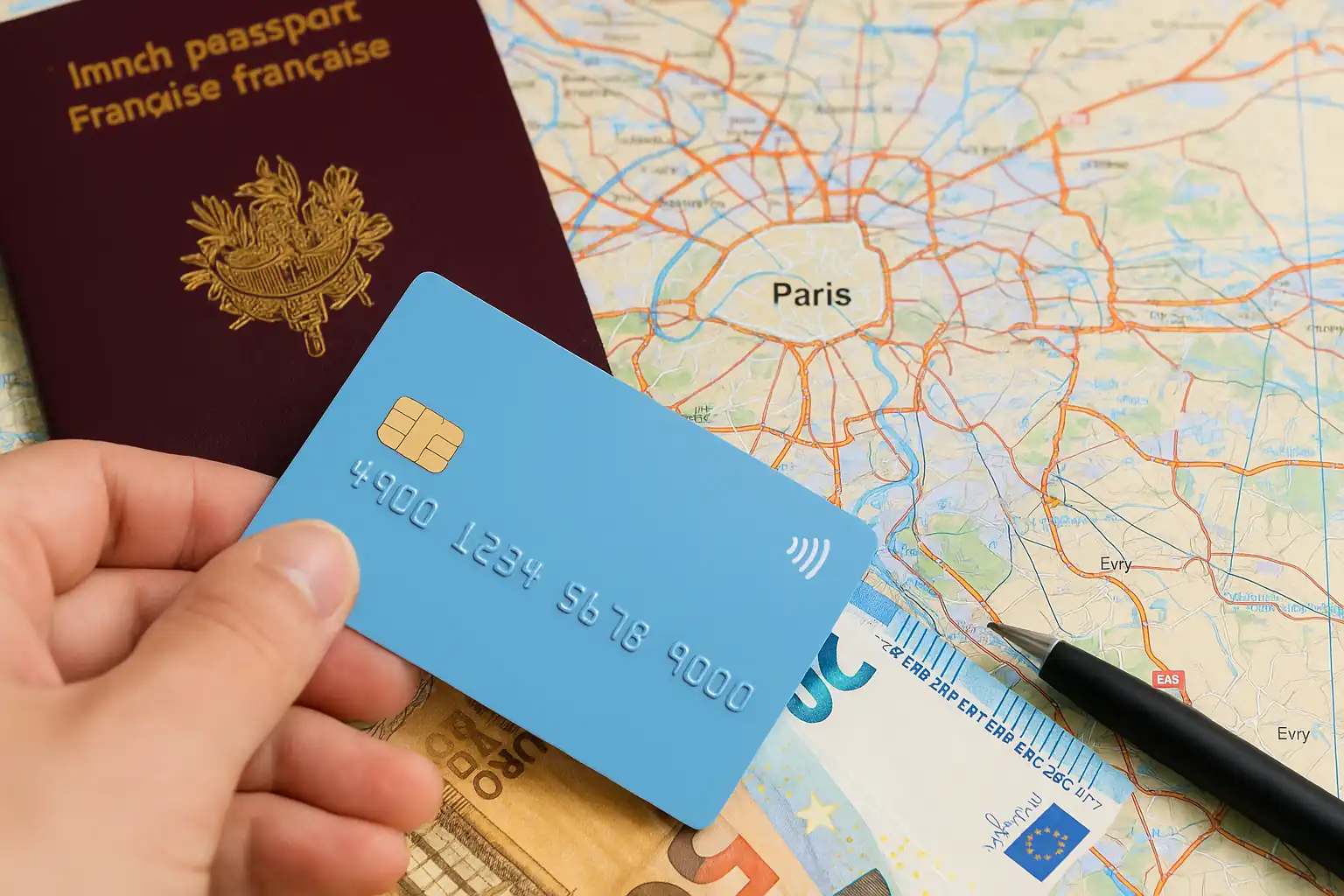 Voyageur utilisant une carte française à l’international avec un passeport et des euros, symbolisant les frais et stratégies d’économie.