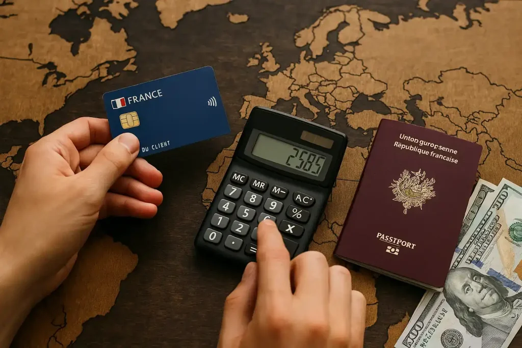 Carte française posée sur une carte du monde avec un passeport et de la monnaie étrangère, illustrant l’optimisation des dépenses de voyage.