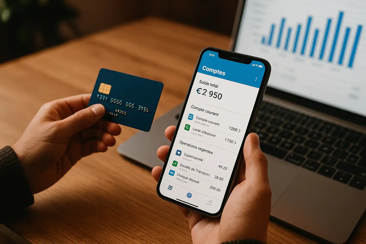 Un utilisateur en France gère ses finances via une application mobile et des cartes de crédit connectées à l’open banking.