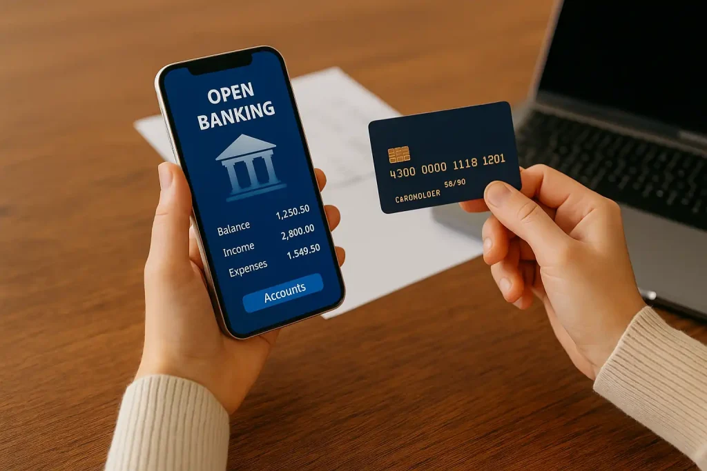 Une personne consulte une application bancaire moderne en tenant des cartes de crédit, illustrant l’impact de l’open banking en France.