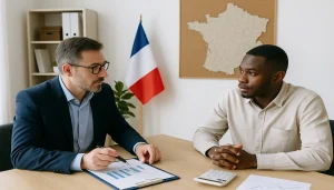 Conseiller et entrepreneur en France discutant de programmes régionaux de financement avec graphiques et documents financiers.
