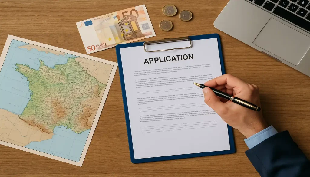 Carte de la France, euros et dossier de candidature illustrant les programmes régionaux de financement et les subventions locales.