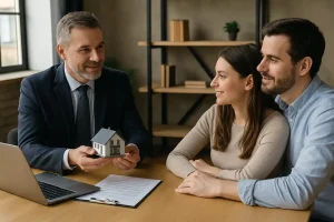 Couple discutant avec un agent immobilier dans un bureau moderne à propos d’un contrat de leasing immobilier.