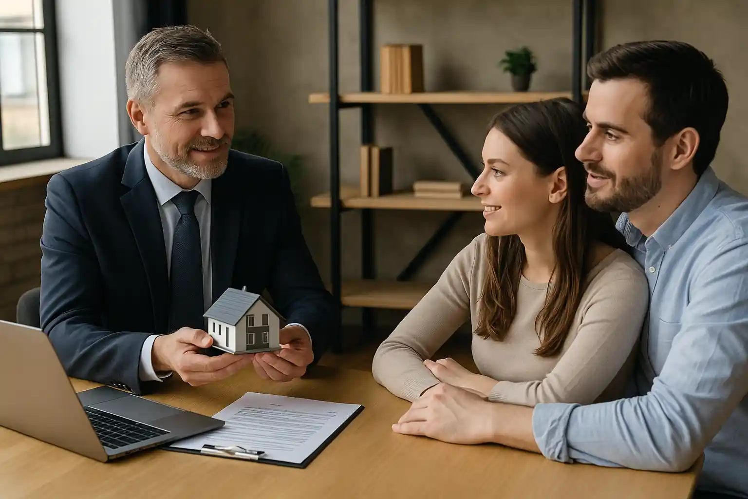 Couple discutant avec un agent immobilier dans un bureau moderne à propos d’un contrat de leasing immobilier.