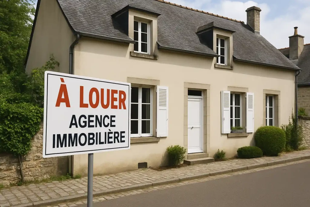 Maison française traditionnelle avec panneau de location, illustrant une opportunité de leasing immobilier dans un quartier résidentiel.