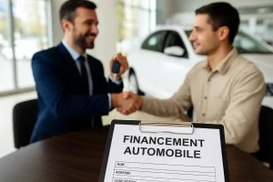 Client et vendeur se serrant la main dans une concession moderne, illustrant le financement automobile à taux zéro en 2025.