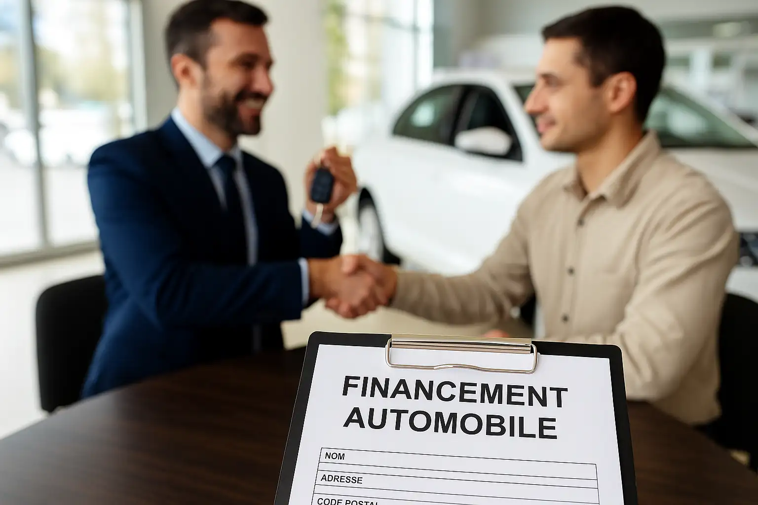 Client et vendeur se serrant la main dans une concession moderne, illustrant le financement automobile à taux zéro en 2025.