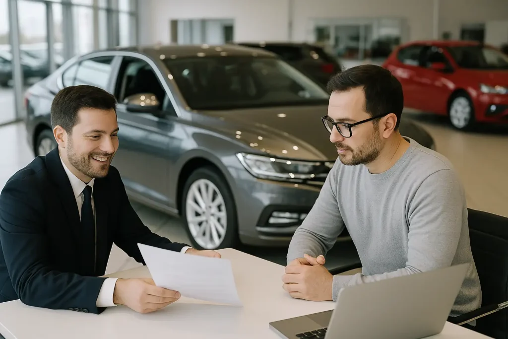 Conseiller automobile expliquant les conditions à un client dans un showroom, mettant en avant le financement automobile à taux zéro.