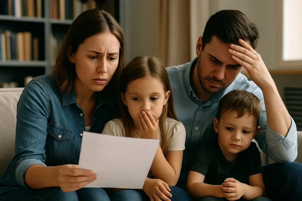 Une famille française réunie dans son salon modeste, discutant de documents financiers, illustrant l’impact positif des crédits sociaux en France.