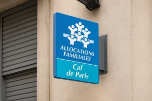 Panneau extérieur de la CAF en France, symbole des aides sociales et de l’accès aux crédits sociaux en France pour les familles à faible revenu.