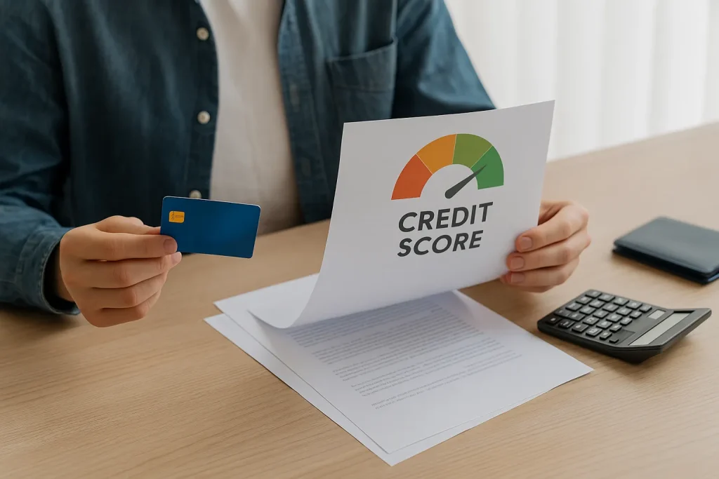Un homme consulte des documents financiers et une carte bancaire sur une table, illustrant l’importance de la pontuation de crédit en France.