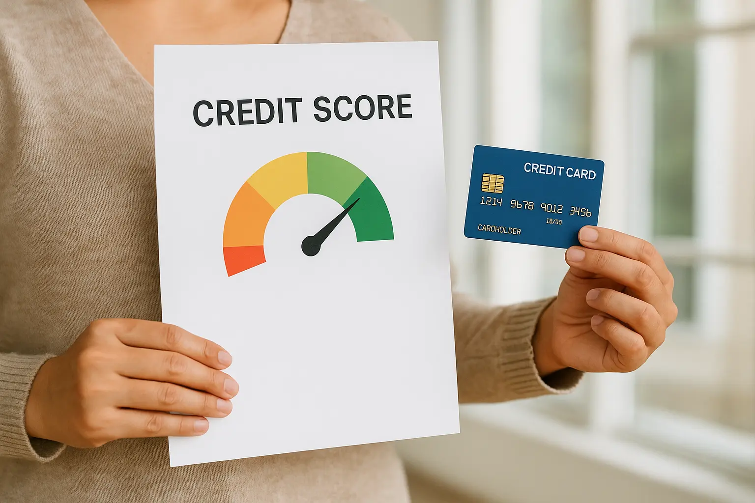 Une personne tient une carte de crédit et un rapport indiquant un bon score, représentant la gestion responsable de la pontuation de crédit.