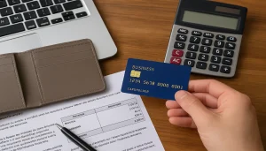 Un entrepreneur examine ses finances sur un ordinateur portable avec une carte de crédit professionnelle posée sur la table, dans un environnement de travail moderne et bien éclairé.