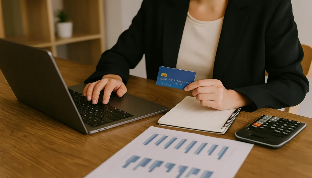 Un freelance utilise son ordinateur dans un espace de coworking lumineux, tenant une carte de crédit professionnelle tout en gérant ses dépenses d’entreprise.