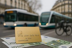 Un alt text détaillé a également été créé. Il décrit une scène réaliste où une carte de crédit (carte de credit) dorée apparaît au premier plan, posée sur des billets en euros, tandis qu’un autobus et un tramway flous apparaissent en arrière-plan dans une rue typiquement française. Cette description met en avant l’idée d’économie et de mobilité urbaine en France.