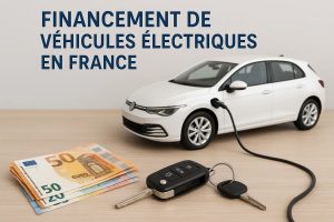 Une voiture électrique blanche en train de charger sur un bureau en bois, accompagnée d’un trousseau de clés et de plusieurs billets en euros posés au premier plan. Le texte “Financement de véhicules électriques en France” apparaît au-dessus, illustrant les démarches financières, les coûts et les solutions de financement liées à l’acquisition d’un véhicule électrique.