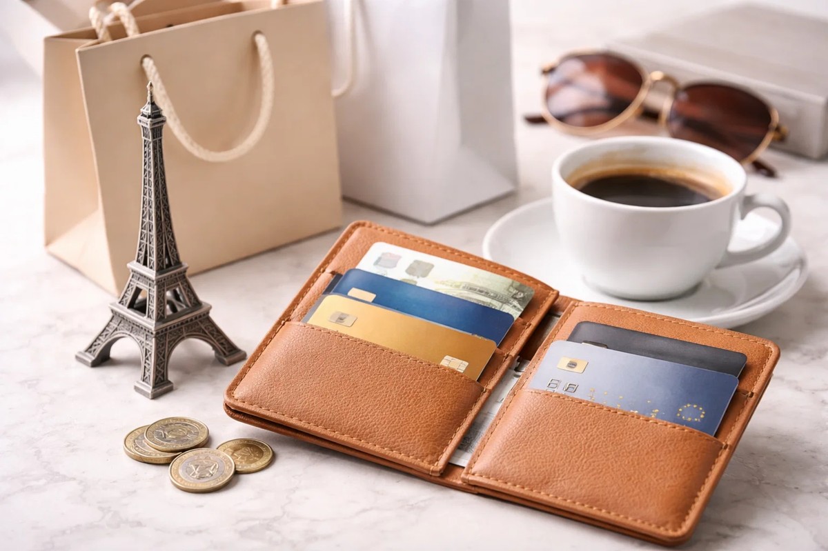 Portefeuille en cuir ouvert contenant plusieurs cartes bancaires et une carte de crédit, posé sur une table avec des pièces en euros, une tasse de café et un sac de shopping, à côté d’une miniature de la tour Eiffel, illustrant l’usage quotidien de la carte de crédit en France, les habitudes de consommation, les paiements modernes et le mode de vie urbain.