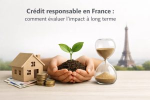 Illustration conceptuelle du financement responsable en France, montrant des mains tenant une jeune plante qui pousse dans la terre, symbolisant un financement durable et orienté vers le long terme. À côté, une petite maison en bois posée sur des billets et des pièces représente le crédit immobilier, tandis qu’un sablier évoque l’évaluation de l’impact du financement dans le temps. La tour Eiffel en arrière-plan souligne le contexte français et l’importance d’un financement responsable pour l’économie et la société.