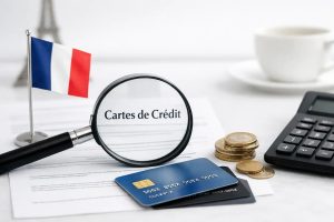 Loupe mettant en évidence le texte « Cartes de Crédit » sur un document financier, avec une carte de crédit bleue et noire au premier plan, des pièces empilées, une calculatrice et un petit drapeau français, illustrant l’analyse et la gestion financière liée à une carte de crédit en France.