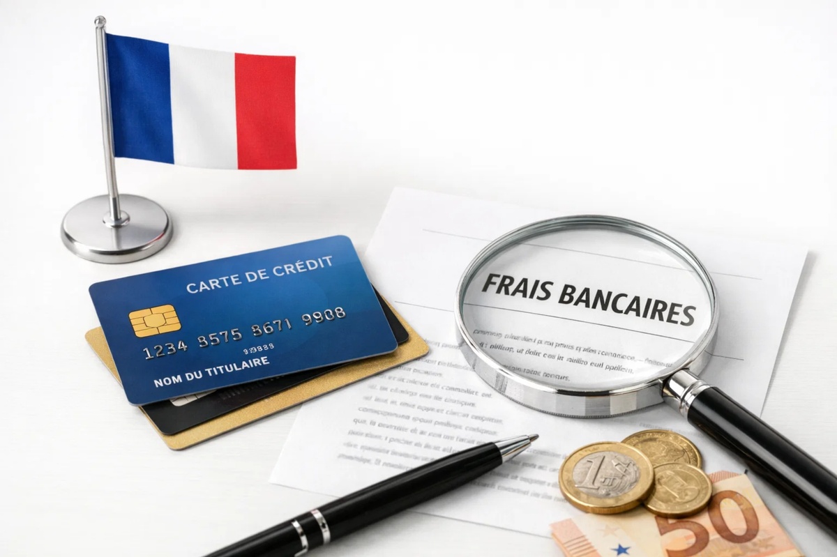 « Illustration conceptuelle des frais bancaires en France, montrant une carte de crédit bleue posée sur des documents financiers, accompagnée d’une loupe mettant en évidence le terme “frais bancaires”. La scène comprend également des pièces en euros, un billet, un stylo et le drapeau français en arrière-plan, symbolisant la transparence des coûts et l’importance d’une bonne compréhension des conditions liées à la carte de crédit pour les consommateurs français.