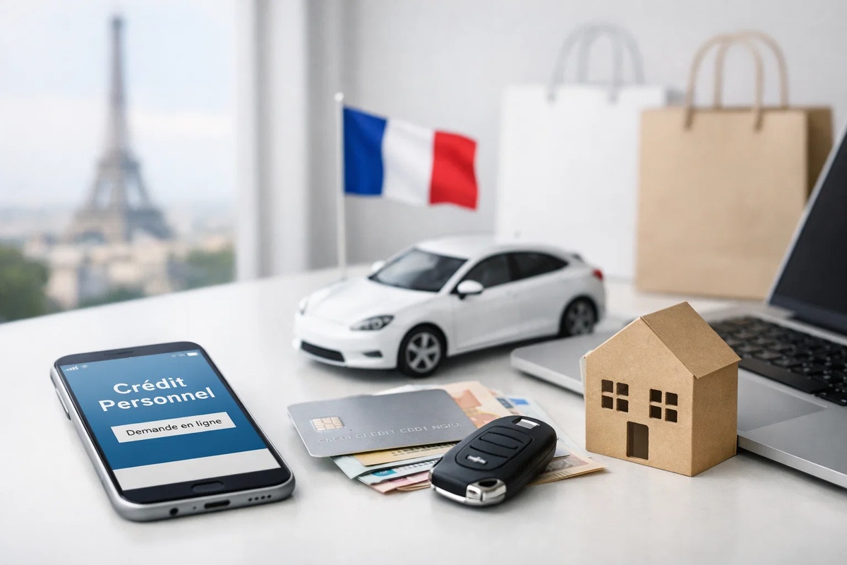 Bureau avec smartphone affichant « Crédit Personnel – Demande en ligne », carte bancaire, billets en euros, clé de voiture, maquette de maison, drapeau français et voiture miniature, illustrant le financement à la consommation en France et les modèles de financement digital qui gagnent du terrain en 2026.