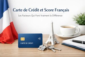 Carte de crédit bleue posée sur un bureau avec des clés de maison, une petite tour Eiffel décorative, un carnet, un stylo et une tasse de café, avec le drapeau français en arrière-plan, illustrant le lien entre carte de crédit et score financier en France, ainsi que les facteurs qui font réellement la différence dans l’évaluation du profil bancaire.