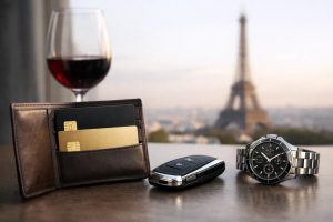 Portefeuille en cuir contenant une carte de crédit premium, posé sur une table avec une clé de voiture, une montre de luxe et un verre de vin, avec la tour Eiffel floue en arrière-plan, illustrant les cartes premium en France et les critères qui comptent au-delà de la limite de crédit, comme le statut, les avantages exclusifs et l’expérience financière.