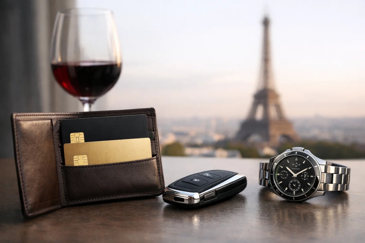Portefeuille en cuir contenant une carte de crédit premium, posé sur une table avec une clé de voiture, une montre de luxe et un verre de vin, avec la tour Eiffel floue en arrière-plan, illustrant les cartes premium en France et les critères qui comptent au-delà de la limite de crédit, comme le statut, les avantages exclusifs et l’expérience financière.