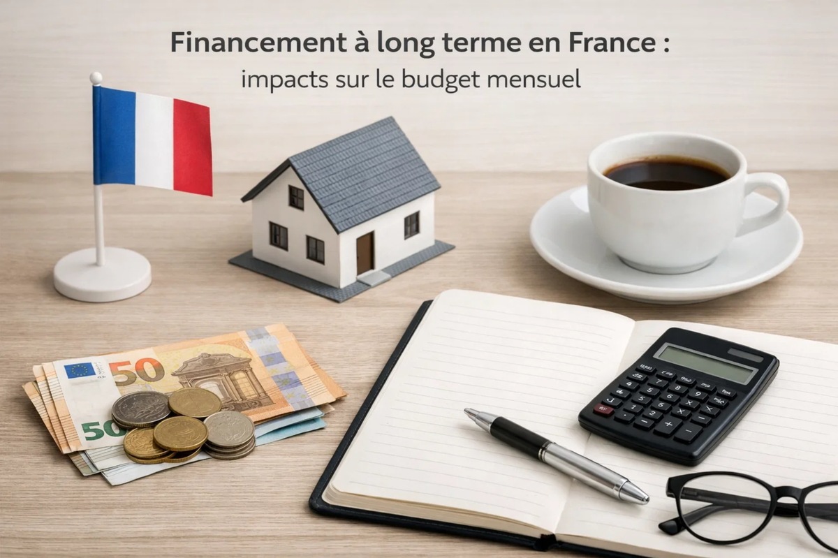 Illustration du financement à long terme en France et de son impact sur le budget mensuel des ménages. Sur un bureau en bois se trouvent un petit drapeau français, une maquette de maison représentant un prêt immobilier, des billets et pièces en euros symbolisant les dépenses et les ressources financières, ainsi qu’un carnet ouvert avec un stylo et une calculatrice pour la planification budgétaire. Une tasse de café et des lunettes complètent la scène, évoquant l’analyse et la réflexion autour des décisions de financement et de gestion financière au quotidien en France.