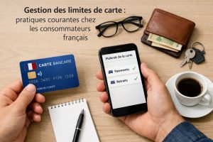 Une scène de bureau illustrant la gestion des finances personnelles et des limites de carte di crédit, montrant une main tenant une carte bancaire bleue avec un drapeau français, tandis qu'une autre main utilise un smartphone affichant les paramètres de plafonds de paiement et de retrait validés. Sur la table en bois se trouvent également un portefeuille en cuir contenant des billets, une paire de lunettes, un carnet avec un stylo, des clés et une tasse de café. Le titre en français en haut de l’image évoque la gestion des limites de carte chez les consommateurs français, renforçant le thème de la gestion responsable de la carte di crédit et des habitudes financières quotidiennes.