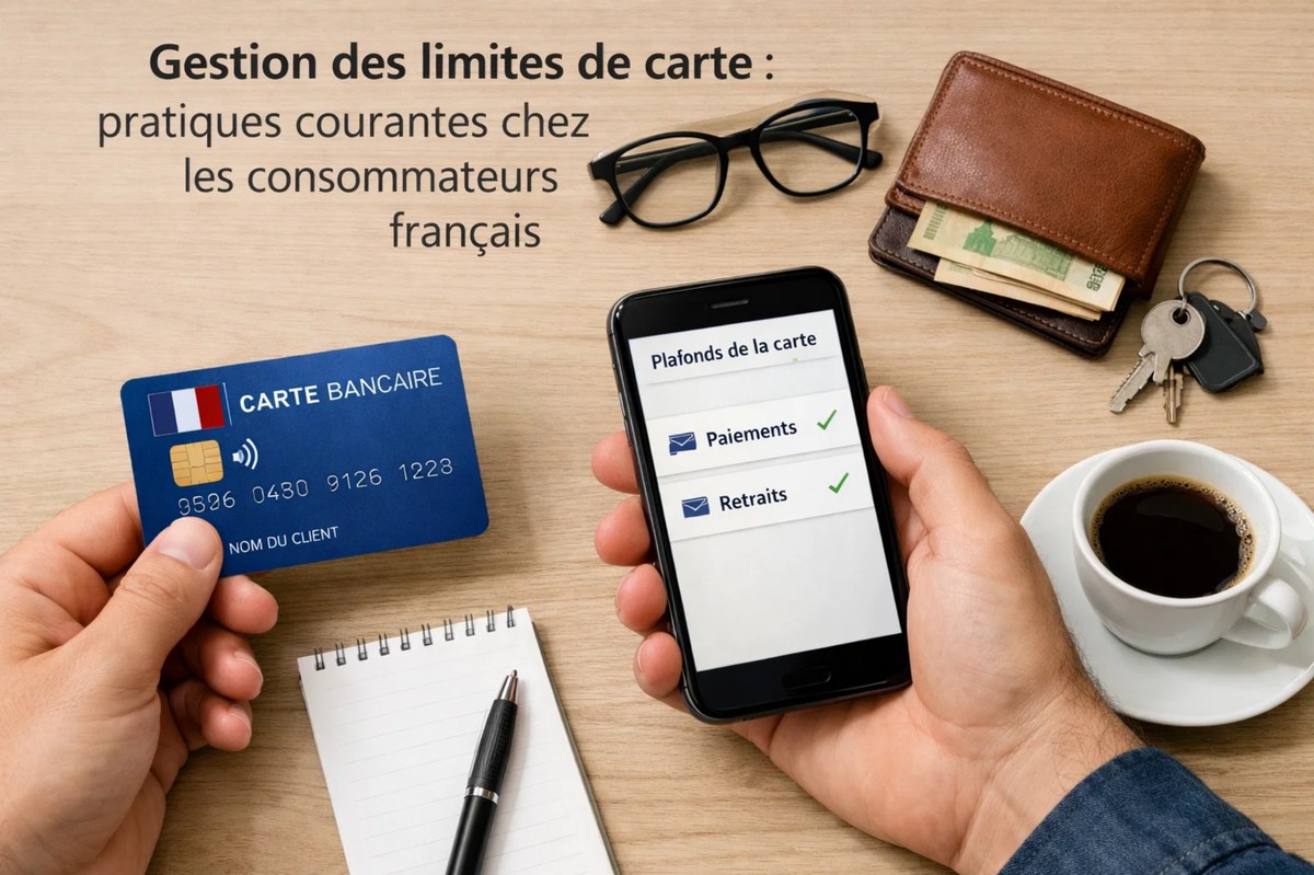 Une scène de bureau illustrant la gestion des finances personnelles et des limites de carte di crédit, montrant une main tenant une carte bancaire bleue avec un drapeau français, tandis qu'une autre main utilise un smartphone affichant les paramètres de plafonds de paiement et de retrait validés. Sur la table en bois se trouvent également un portefeuille en cuir contenant des billets, une paire de lunettes, un carnet avec un stylo, des clés et une tasse de café. Le titre en français en haut de l’image évoque la gestion des limites de carte chez les consommateurs français, renforçant le thème de la gestion responsable de la carte di crédit et des habitudes financières quotidiennes.