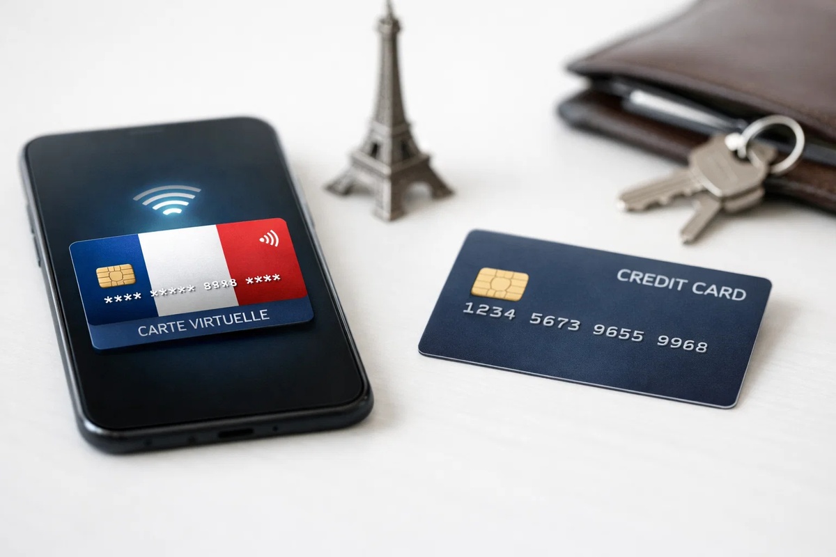 Illustration moderne du paiement numérique en France montrant une carte de crédit virtuelle affichée sur l’écran d’un smartphone avec le drapeau français, symbolisant les paiements sans contact et les solutions de paiement digital. À côté du téléphone se trouve une carte de crédit physique, représentant le plastique traditionnel, ainsi qu’un portefeuille et des clés. Une petite maquette de la tour Eiffel apparaît en arrière-plan, évoquant le contexte français. L’image met en évidence la comparaison entre la carte de crédit virtuelle et la carte physique, illustrant le thème « Cartes virtuelles en France : quand elles valent plus que le plastique traditionnel ».