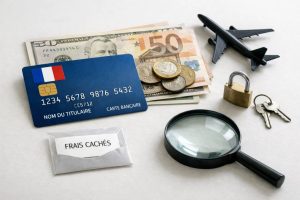 Image illustrant les paiements internationaux avec une carte française et les coûts cachés. Une carte de crédit bleue est placée devant des billets en dollars et en euros, avec des pièces, un avion miniature symbolisant l’étranger, un cadenas pour la sécurité et une loupe à côté d’une enveloppe indiquant « frais cachés ». La scène représente l’utilisation d’une carte de crédit à l’international, les frais supplémentaires possibles et les alternatives pour réduire ces coûts.