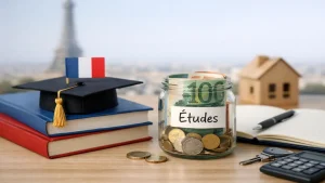 A composition featuring a stack of books topped with a graduation cap and a small French flag, next to a glass jar labeled “Études” filled with euro banknotes and coins. In the background, the Eiffel Tower is softly blurred, while nearby objects include a notebook, keys, and a calculator. The scene illustrates the concept of financement for higher education in France, highlighting strategies to manage study costs and reduce future financial burdens through careful planning and savings.