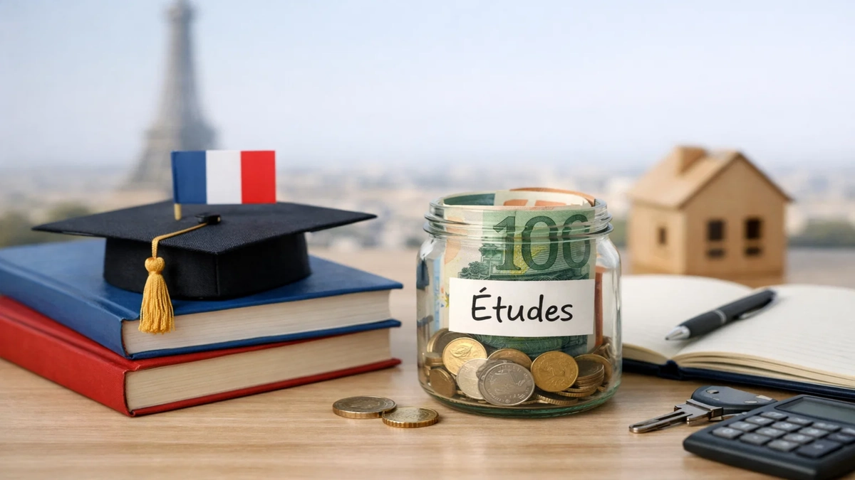 A composition featuring a stack of books topped with a graduation cap and a small French flag, next to a glass jar labeled “Études” filled with euro banknotes and coins. In the background, the Eiffel Tower is softly blurred, while nearby objects include a notebook, keys, and a calculator. The scene illustrates the concept of financement for higher education in France, highlighting strategies to manage study costs and reduce future financial burdens through careful planning and savings.