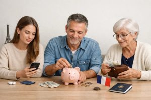 Une scène chaleureuse illustrant la finance personnelle entre générations en France, montrant trois personnes de différentes tranches d’âge assises autour d’une table, l’une utilisant un smartphone, une autre déposant de la monnaie dans une tirelire, et une personne âgée comptant de l’argent dans un portefeuille, avec des billets, des pièces et des objets symboliques en arrière-plan, représentant l’évolution des habitudes de finance et de gestion budgétaire au fil des générations.