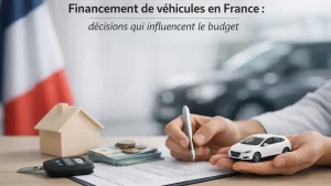 Une scène illustrant le financement automobile en France : une main tient une petite voiture miniature blanche tandis qu’une autre signe un contrat posé sur une table. À côté, on voit une pile de billets, des pièces de monnaie, une clé de voiture et une maquette de maison en bois. En arrière-plan, un drapeau français et une voiture floue suggèrent un contexte de concession ou de crédit. L’image évoque les décisions financières liées à l’achat d’un véhicule, notamment l’usage d’une carte de crédit et la gestion du budget.