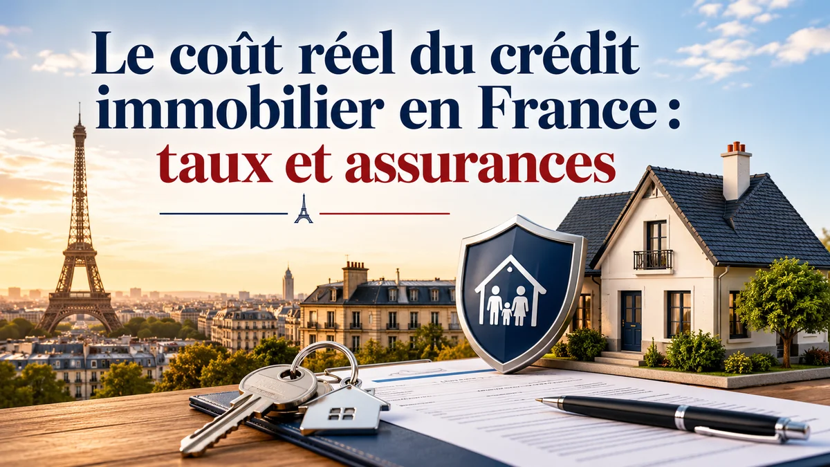 Bannière réaliste et minimaliste sur le financement immobilier en France, avec la tour Eiffel en arrière-plan au coucher du soleil, une maison moderne miniature, un contrat de crédit immobilier, des clés et un bouclier représentant une assurance habitation posés sur une table en bois. En haut de l’image figure le titre en français « Le coût réel du crédit immobilier en France : taux et assurances » dans une typographie élégante bleue et rouge. Atmosphère professionnelle, lumière douce et composition épurée mettant en avant le financement et les assurances immobilières françaises.