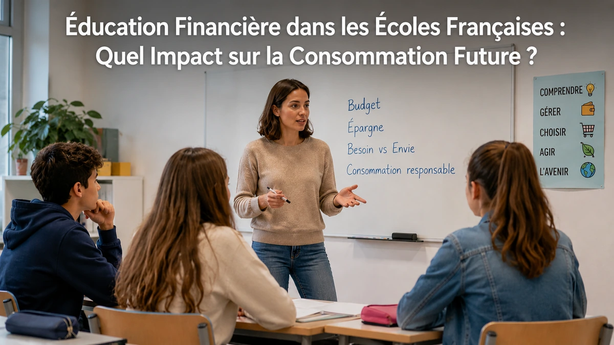 Salle de classe moderne en France où une enseignante explique des concepts de finance et d’éducation financière à des élèves attentifs. La scène minimaliste montre un tableau blanc avec des sujets liés au budget, à l’épargne et à la consommation responsable, tandis que le titre « Éducation Financière dans les Écoles Françaises : Quel Impact sur la Consommation Future ? » apparaît directement intégré à l’image de manière visible et élégante.
